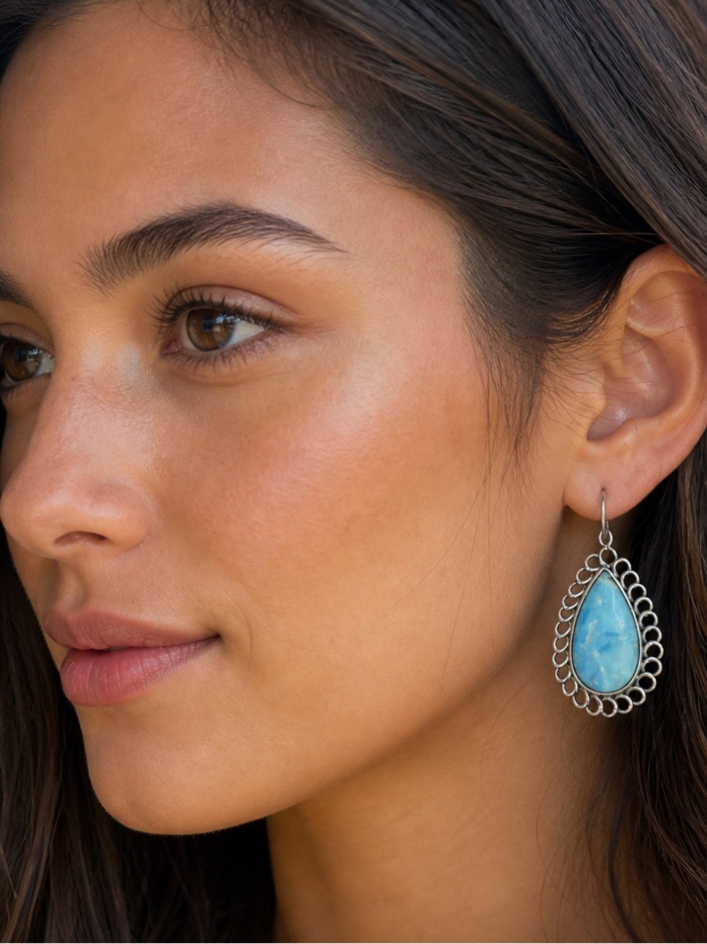 Silver Teardrop Blue Stone Dangle Earrings